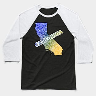 Colorful mandala art map of California with text in blue and yellow Baseball T-Shirt